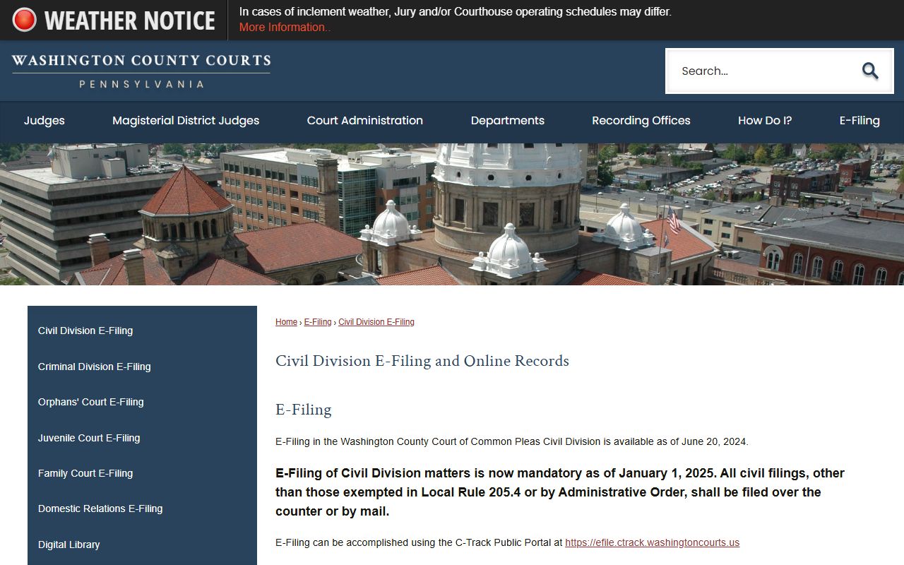 Washington County court records Civil Division e-filing page