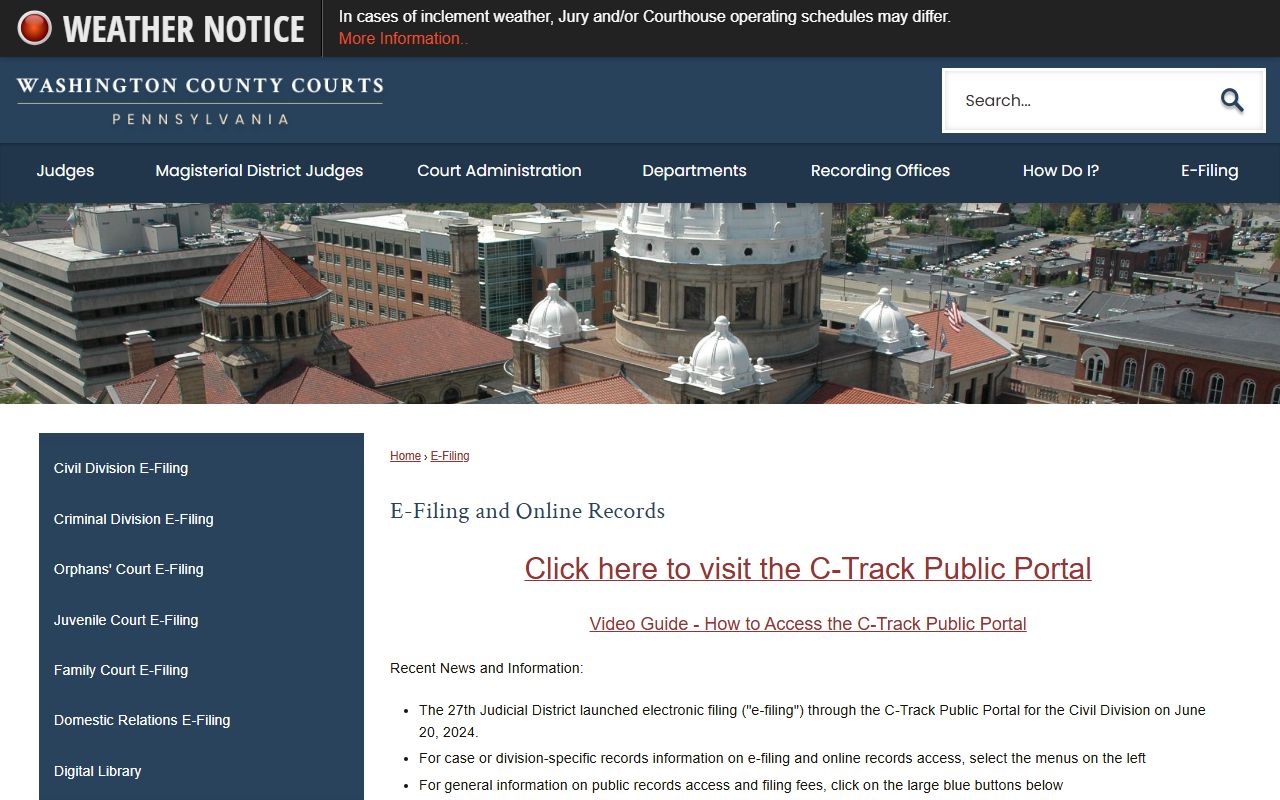 Washington County court records C-Track e-filing and fees page
