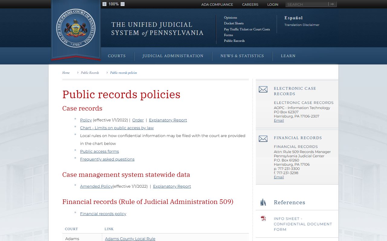 Washington County court records UJS public records policy page