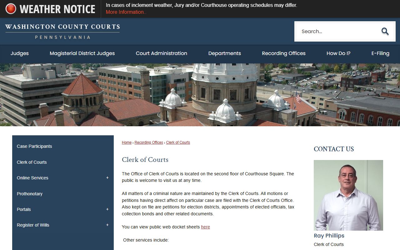 Washington County criminal court records Clerk of Courts office page
