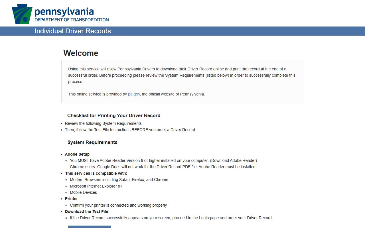 Washington County traffic court records PennDOT Individual Driver Records portal